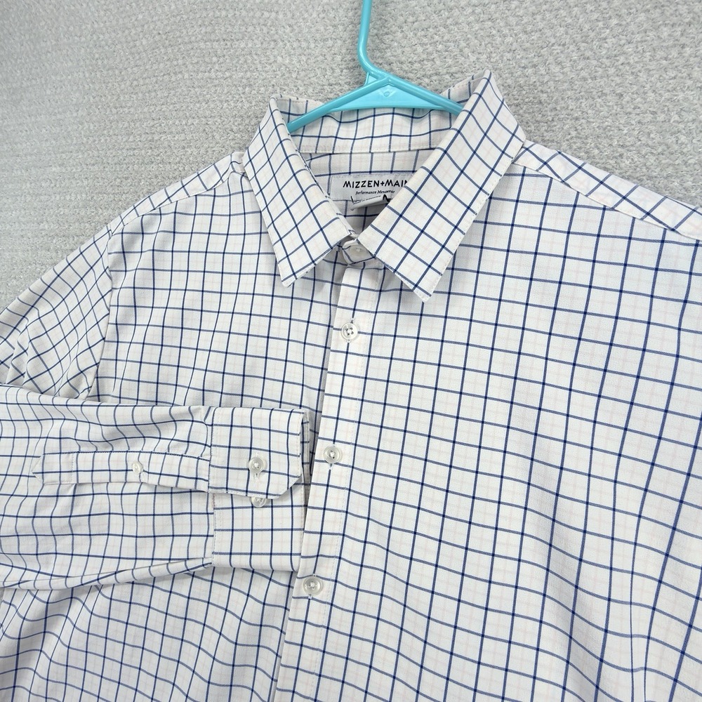 Mizzen+Main Leeward Shirt Men's Large Trim Fit White Navy Windowpane Stretch